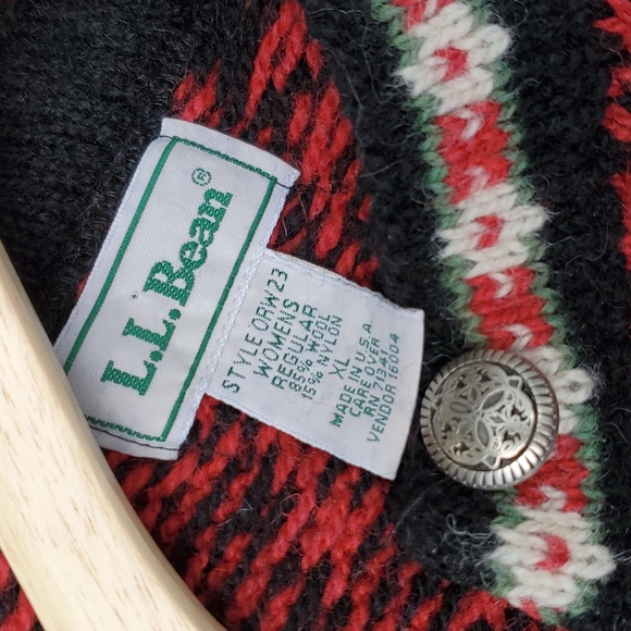 LL Bean Nordic Wool Ribbon Trim Snowflake Fair Isle Cardigan sweater XL - Picture 3 of 6